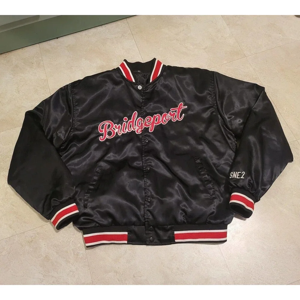 Bridgeport Mens XL Connecticut Embroidered Black Snap‎ Satin Bomber Jacket